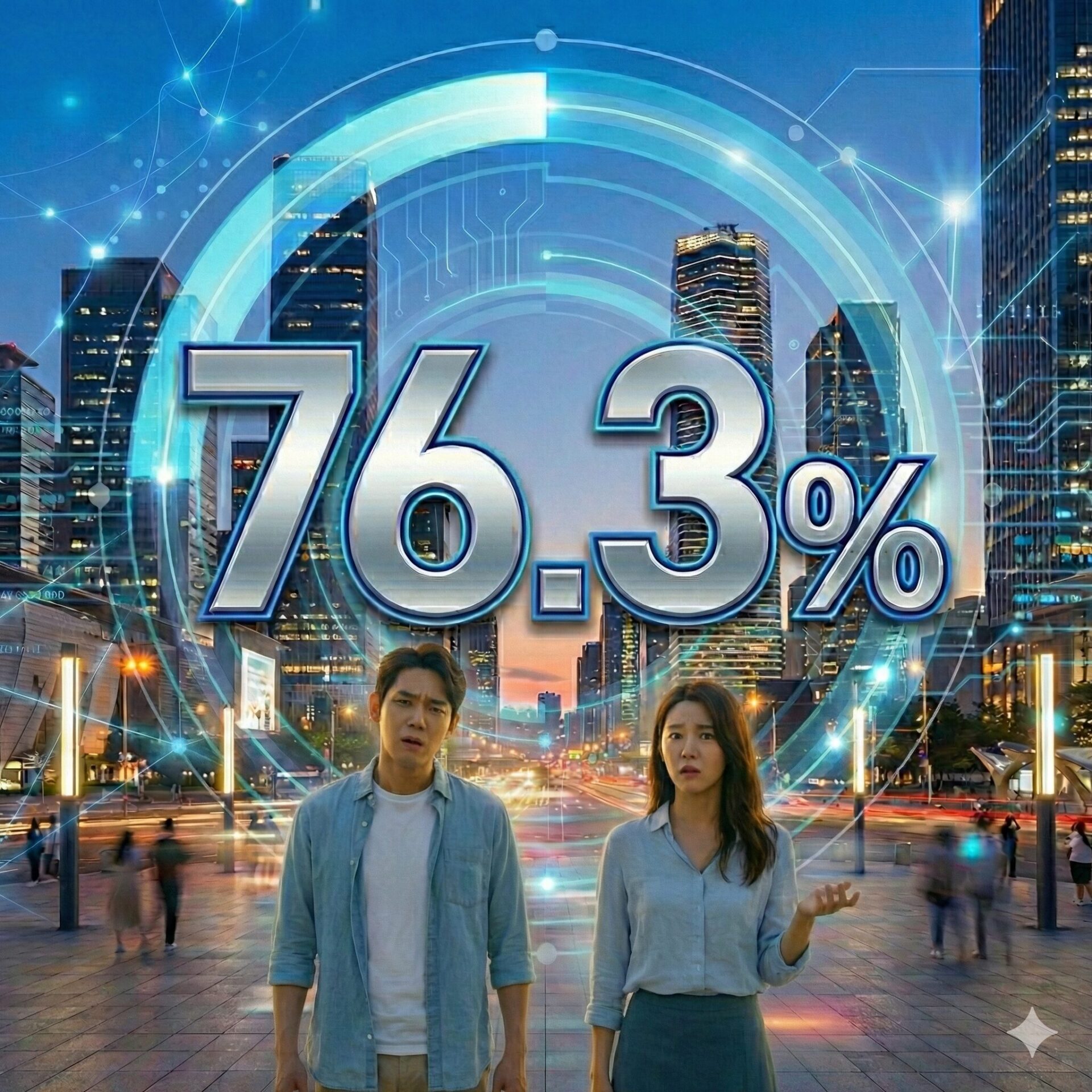 近未来的な都市の夜景を背景に、青く光る円形デジタルグラフの中に金属的な質感の「76.3%」という大きな数字が浮かび上がっている。その下には、驚きと戸惑いの表情を浮かべて正面を見つめる若い男女が立っている。
