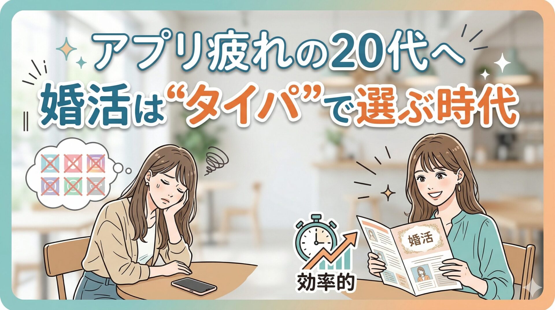 「アプリ疲れの20代へ 婚活は“タイパ”で選ぶ時代」という文字が入ったブログ用アイキャッチ画像。スマホを見て疲れ果てた女性と、効率的に婚活を進めて明るい表情の女性が対比で描かれているイラスト。