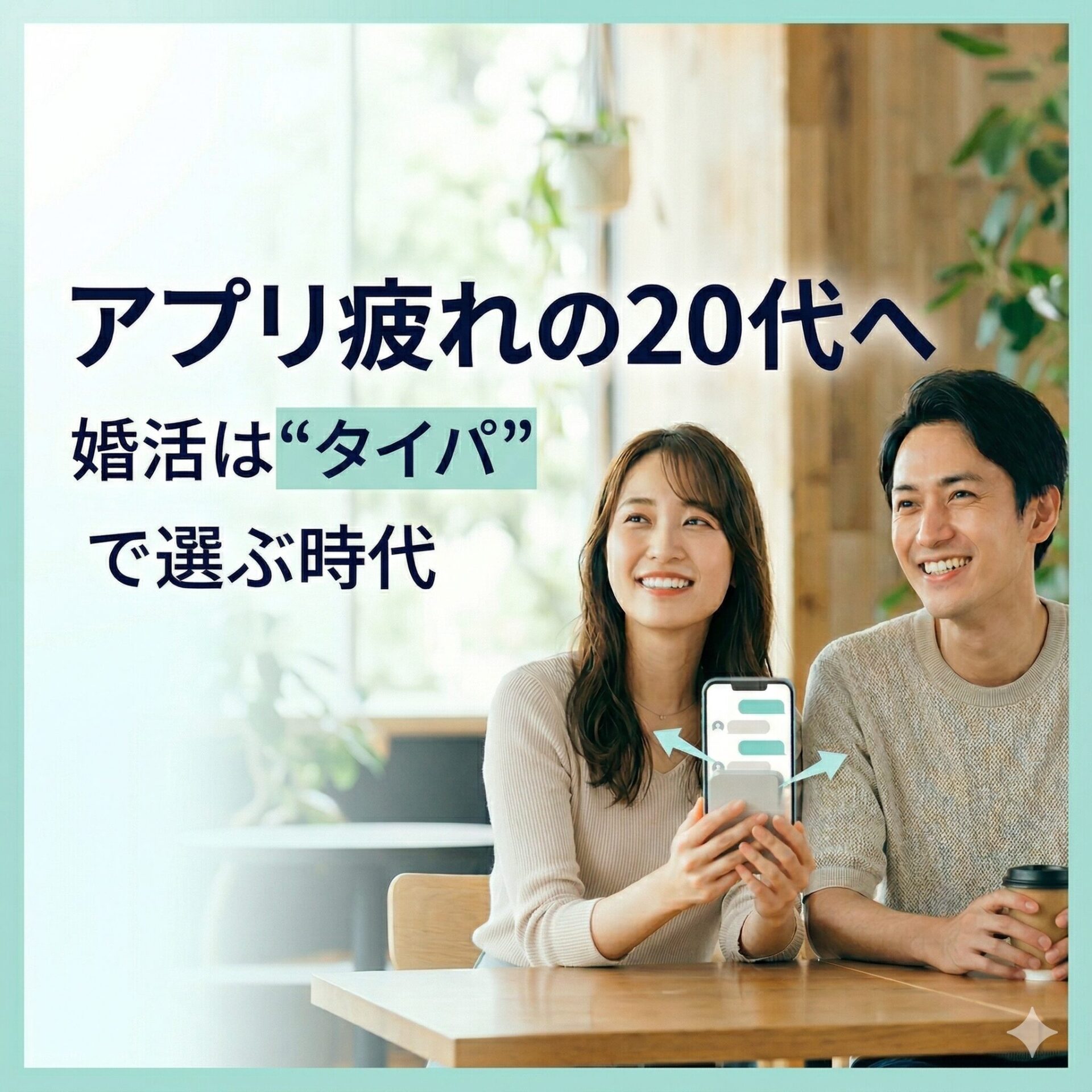 「アプリ疲れの20代へ 婚活は“タイパ”で選ぶ時代」という文字が入ったブログ用アイキャッチ画像。スマホを見て疲れ果てた女性と、効率的に婚活を進めて明るい表情の女性が対比で描かれているイラスト。