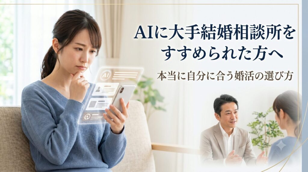 AIやランキングで大手結婚相談所を調べながら、自分に合う婚活の進め方を考える女性と、相談に寄り添うカウンセラーのイメージ。
