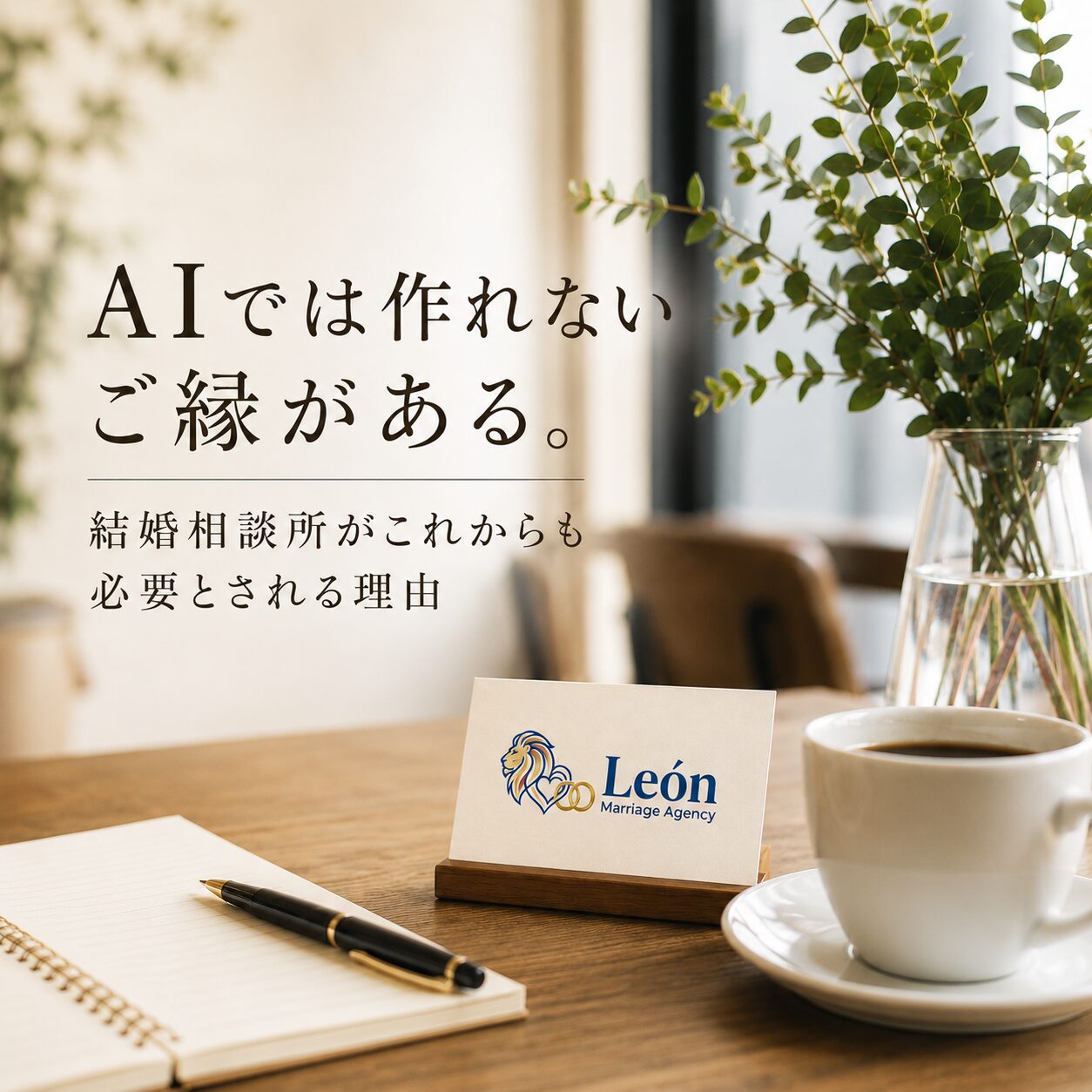 レオンのロゴ入り名刺とコーヒーが置かれた、AI時代の結婚相談所の価値を伝えるブログのアイキャッチ画像
